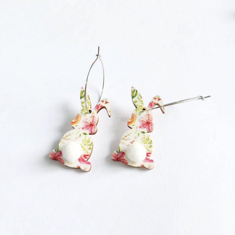 Wholesale Easter cute print spring flowers leopard print egg fur ball tail rabbit earrings